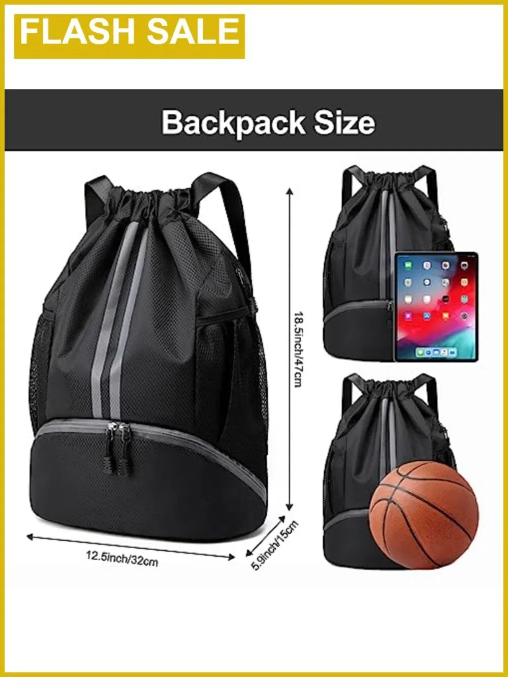 Water Resistant Drawstring Backpack Gym Swim Bag Separate Shoe Compartment